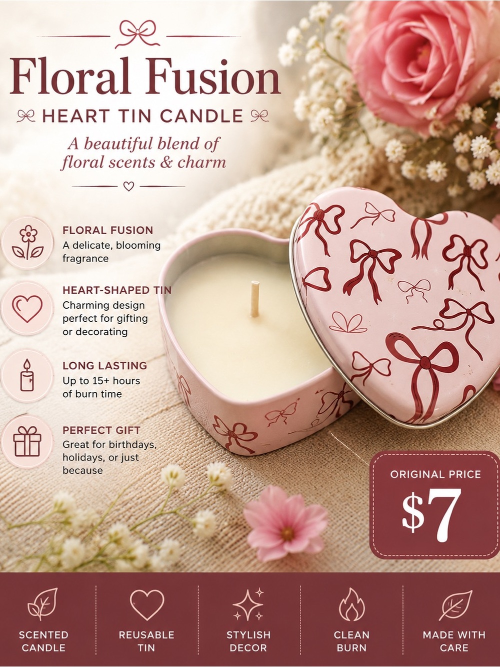 Floral Fusion Heart Tin Candle with Bows 4 oz Pink Gift Candle